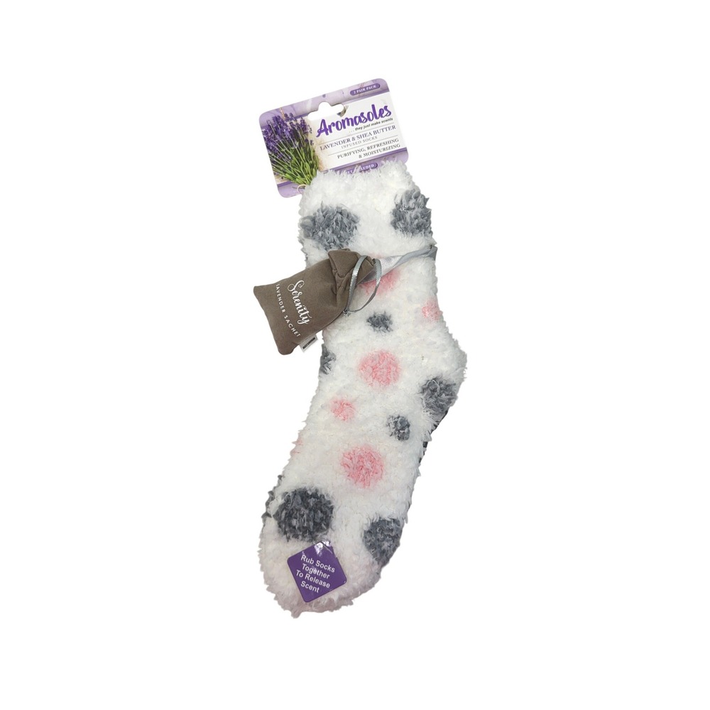 Aromasoles MinxNY Lavender Shea Butter Infused Fuzzy Socks White Polka Dot NWT